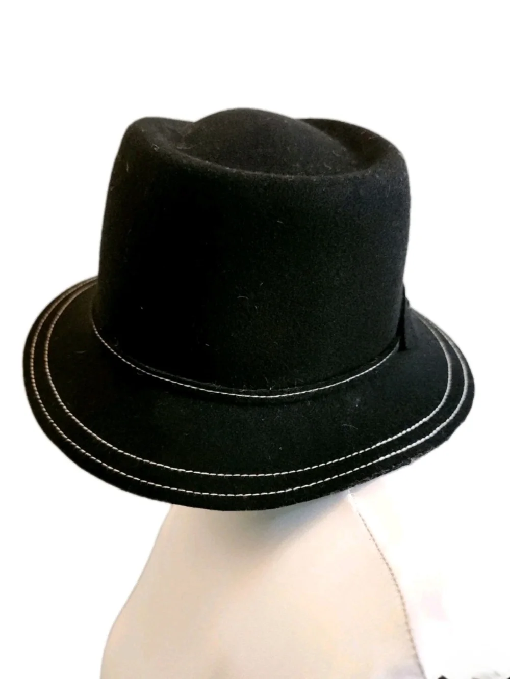 Vtg Betmar New York Black Wool Fedora Hat Contrast Stitching Narrow Brim S